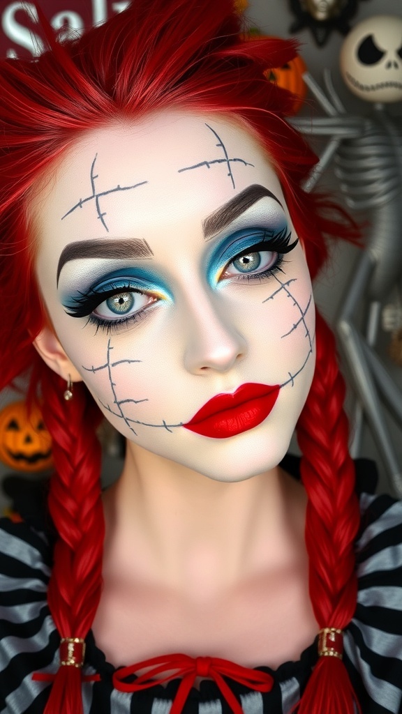 Sally Makeup Look from The Nightmare Before Christmas Sally makeup look with stitched face, blue eyeshadow, and red lips, set against a Halloween backdrop.
